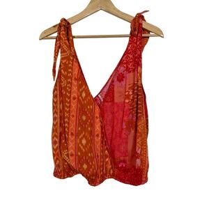 Free People | Boho Patchwork Wrap Crop Top Orange Pink Tie Shoulder Women's M